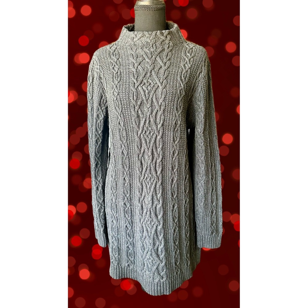 Jeanne Pierre Grey Cable Knit Mock Neck Cotton‎ Sweater Dress Womens Medium
